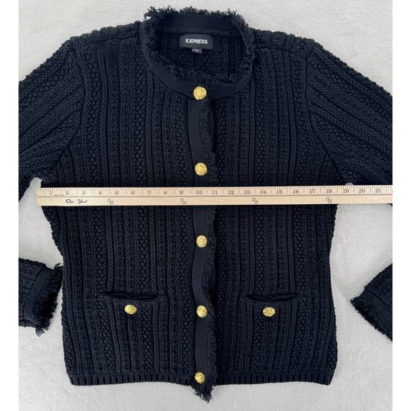 Express Black Sweater Jacket Lady Gold Button Knit Cardigan M Grannycore NWOT - Picture 8 of 9